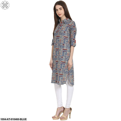 Women Printed Blue Three-Quarter Sleeves Shirt Collar Cotton Straight Kurta