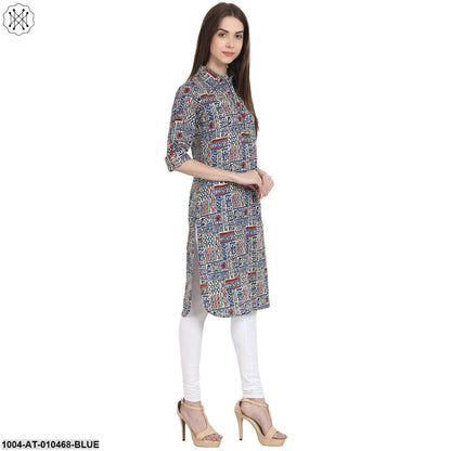 Women Printed Blue Three-Quarter Sleeves Shirt Collar Cotton Straight Kurta