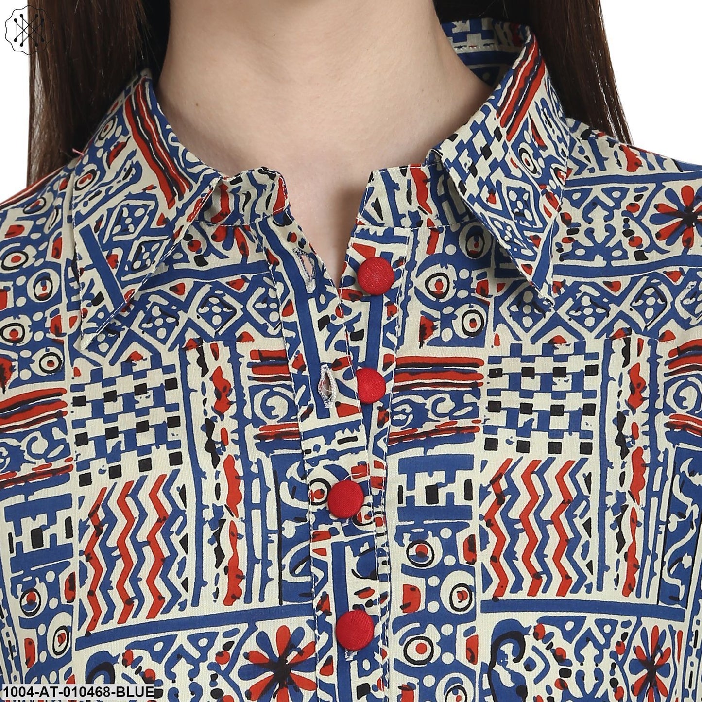 Women Printed Blue Three-Quarter Sleeves Shirt Collar Cotton Straight Kurta