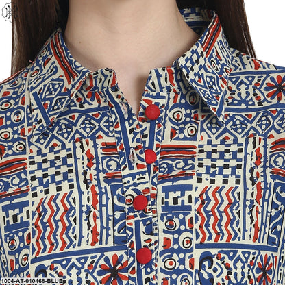Women Printed Blue Three-Quarter Sleeves Shirt Collar Cotton Straight Kurta