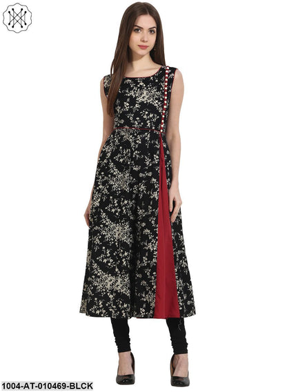 Women Printed Black Sleeveless Round Neck Cotton A-Line Kurta