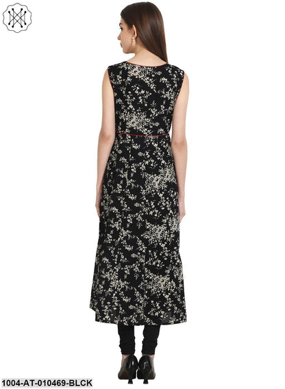 Women Printed Black Sleeveless Round Neck Cotton A-Line Kurta