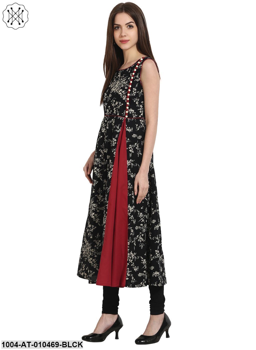 Women Printed Black Sleeveless Round Neck Cotton A-Line Kurta