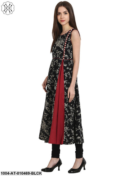 Women Printed Black Sleeveless Round Neck Cotton A-Line Kurta