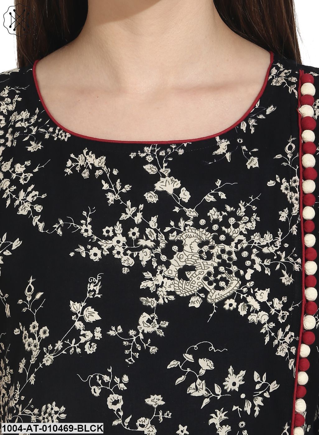 Women Printed Black Sleeveless Round Neck Cotton A-Line Kurta