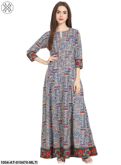 Women Printed Multi Three Quarter Sleeve Round Neck Cotton A-Line Kurta