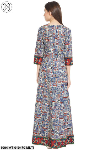 Women Printed Multi Three Quarter Sleeve Round Neck Cotton A-Line Kurta