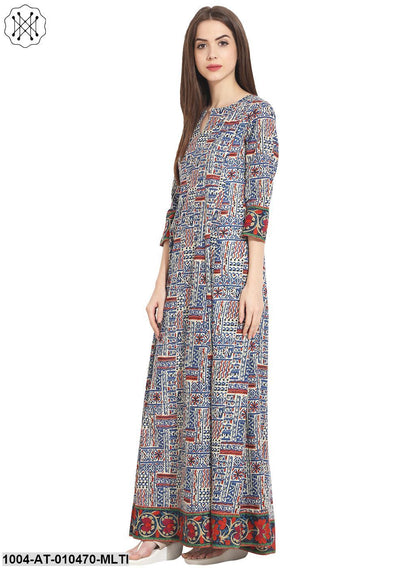 Women Printed Multi Three Quarter Sleeve Round Neck Cotton A-Line Kurta
