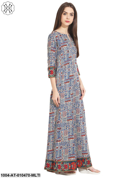 Women Printed Multi Three Quarter Sleeve Round Neck Cotton A-Line Kurta