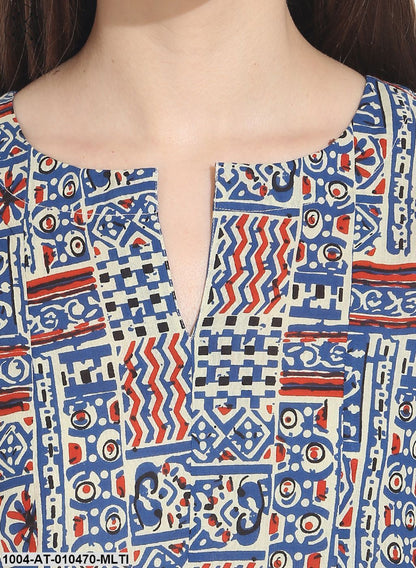 Women Printed Multi Three Quarter Sleeve Round Neck Cotton A-Line Kurta