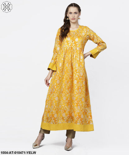 Yellow Banglori Printed Round Neck 3/4Th Sleeve A-Line Maxi Dress