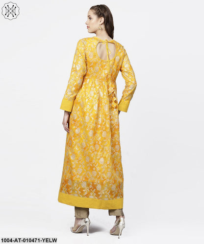 Yellow Banglori Printed Round Neck 3/4Th Sleeve A-Line Maxi Dress