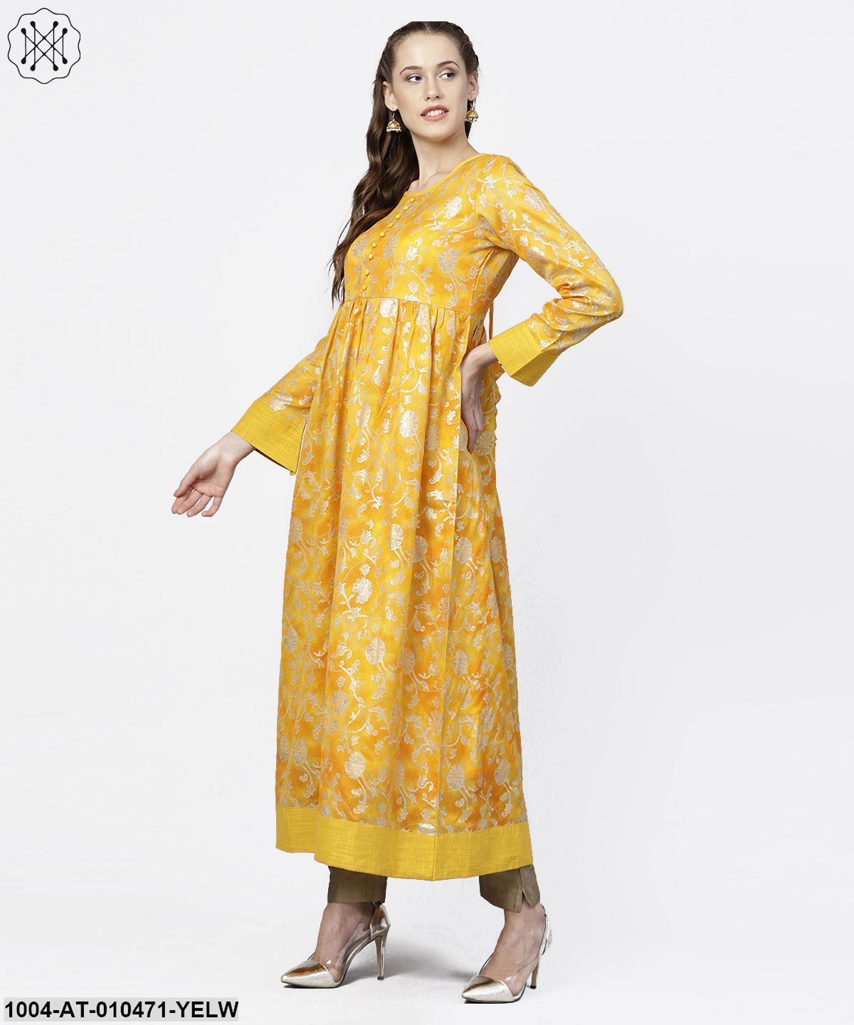 Yellow Banglori Printed Round Neck 3/4Th Sleeve A-Line Maxi Dress