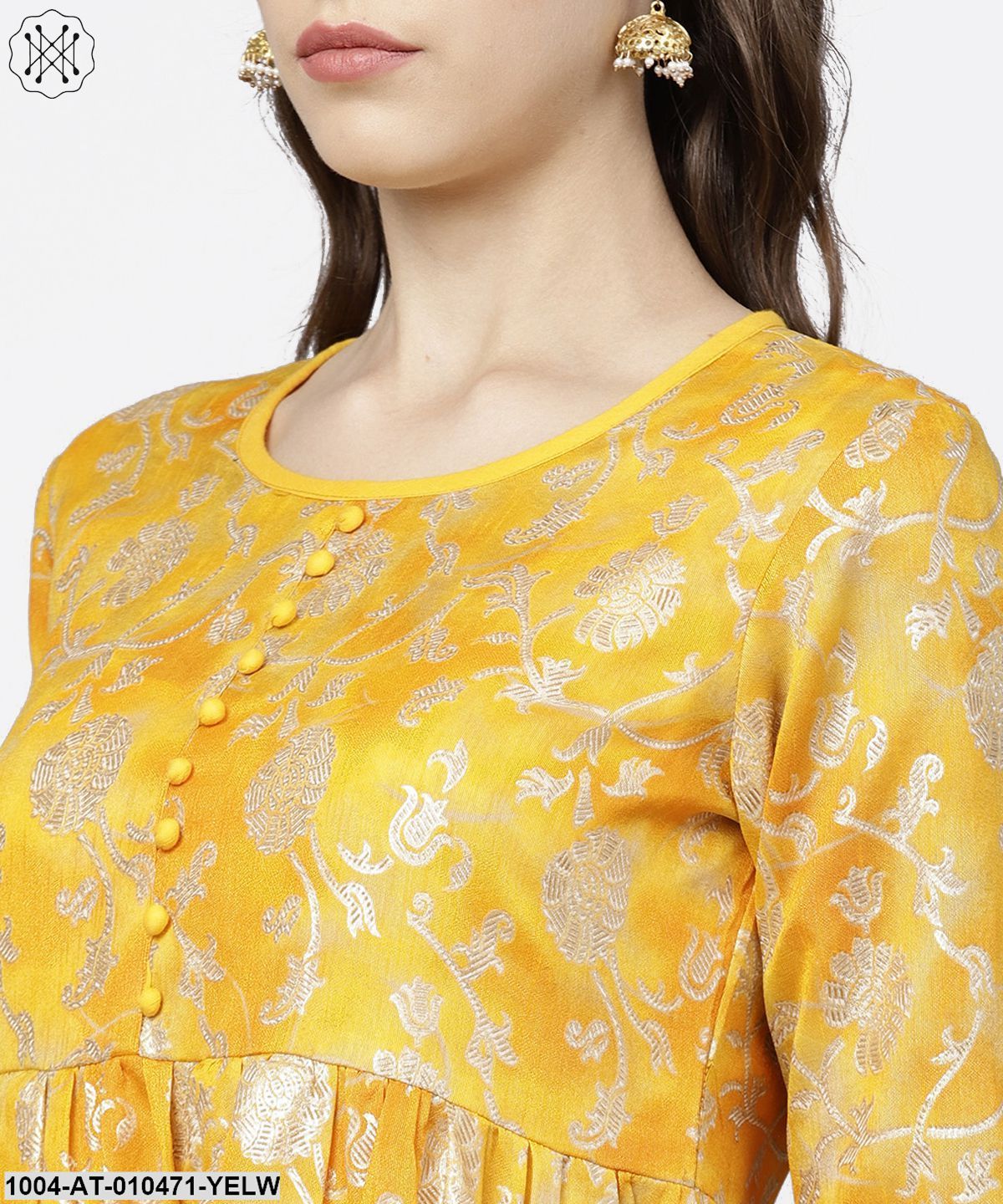 Yellow Banglori Printed Round Neck 3/4Th Sleeve A-Line Maxi Dress