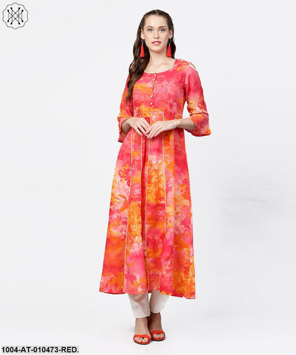 Red Printed 3/4Th Flared Sleeve Round Neck Anarkali Kurta