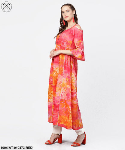 Red Printed 3/4Th Flared Sleeve Round Neck Anarkali Kurta