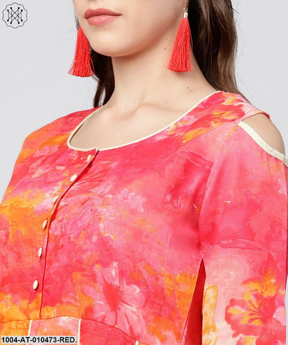 Red Printed 3/4Th Flared Sleeve Round Neck Anarkali Kurta