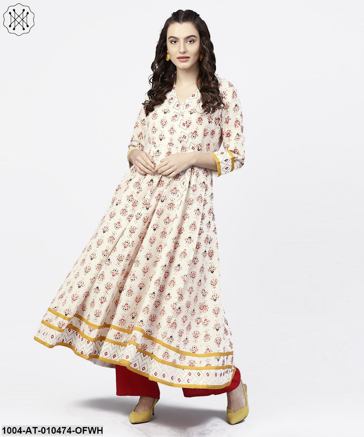 White Prined 3/4Th Sleeve Angrakha Style Anarkali Kurta