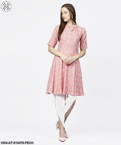 Peach Printed Half Sleeve Short Anarkali Kurta