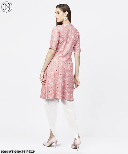 Peach Printed Half Sleeve Short Anarkali Kurta