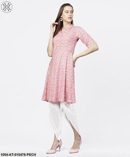 Peach Printed Half Sleeve Short Anarkali Kurta