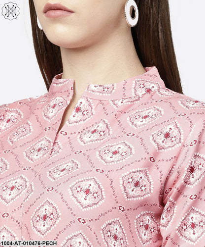 Peach Printed Half Sleeve Short Anarkali Kurta