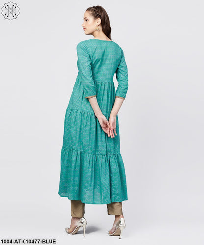 Printed Round Neck Three-Tiered Flared Maxi Dress With Pintucks And 3/4Th Sleeves
