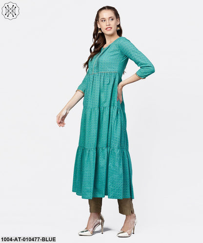 Printed Round Neck Three-Tiered Flared Maxi Dress With Pintucks And 3/4Th Sleeves