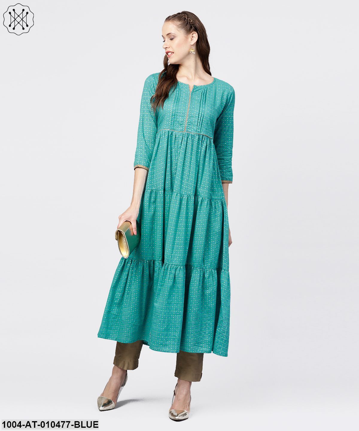 Printed Round Neck Three-Tiered Flared Maxi Dress With Pintucks And 3/4Th Sleeves