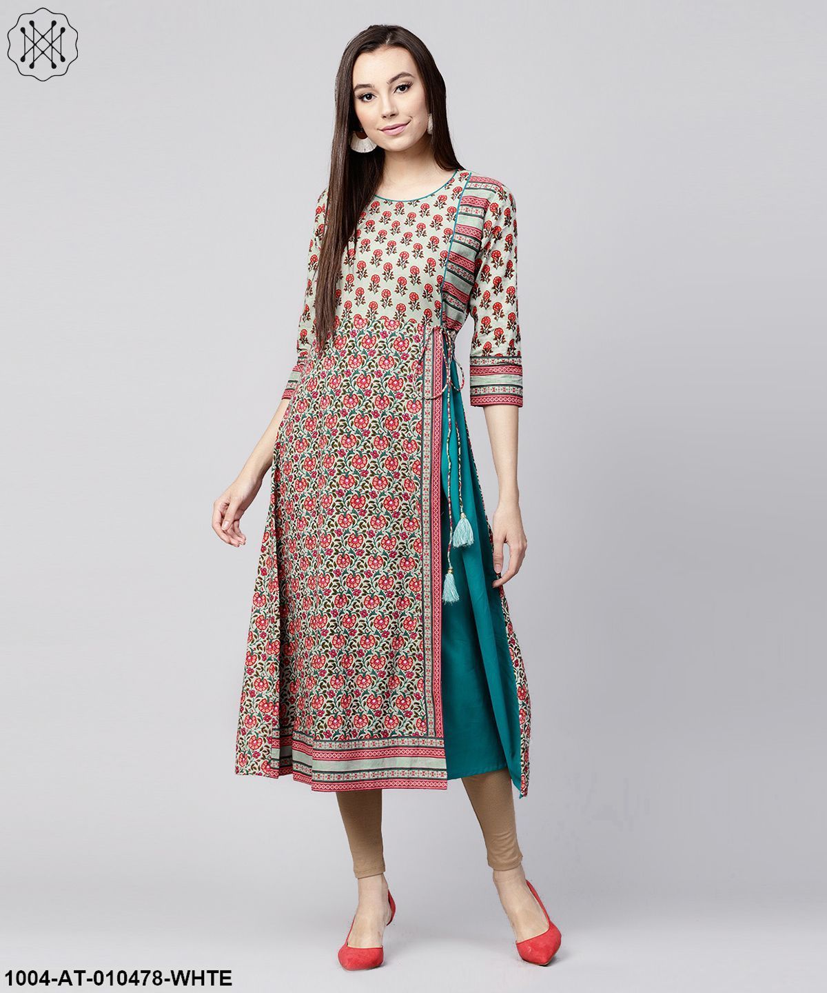 White Printed 3/4Th Sleeve Cotton Anarkali Kurta With Side Latkan