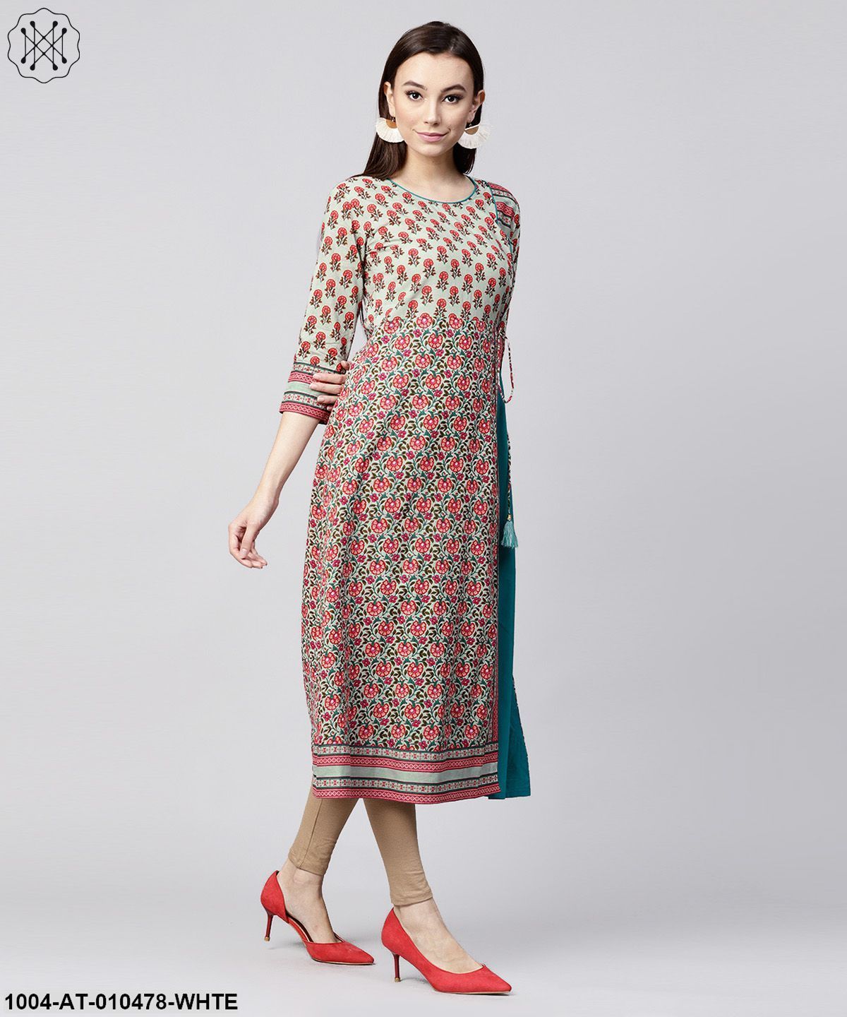White Printed 3/4Th Sleeve Cotton Anarkali Kurta With Side Latkan