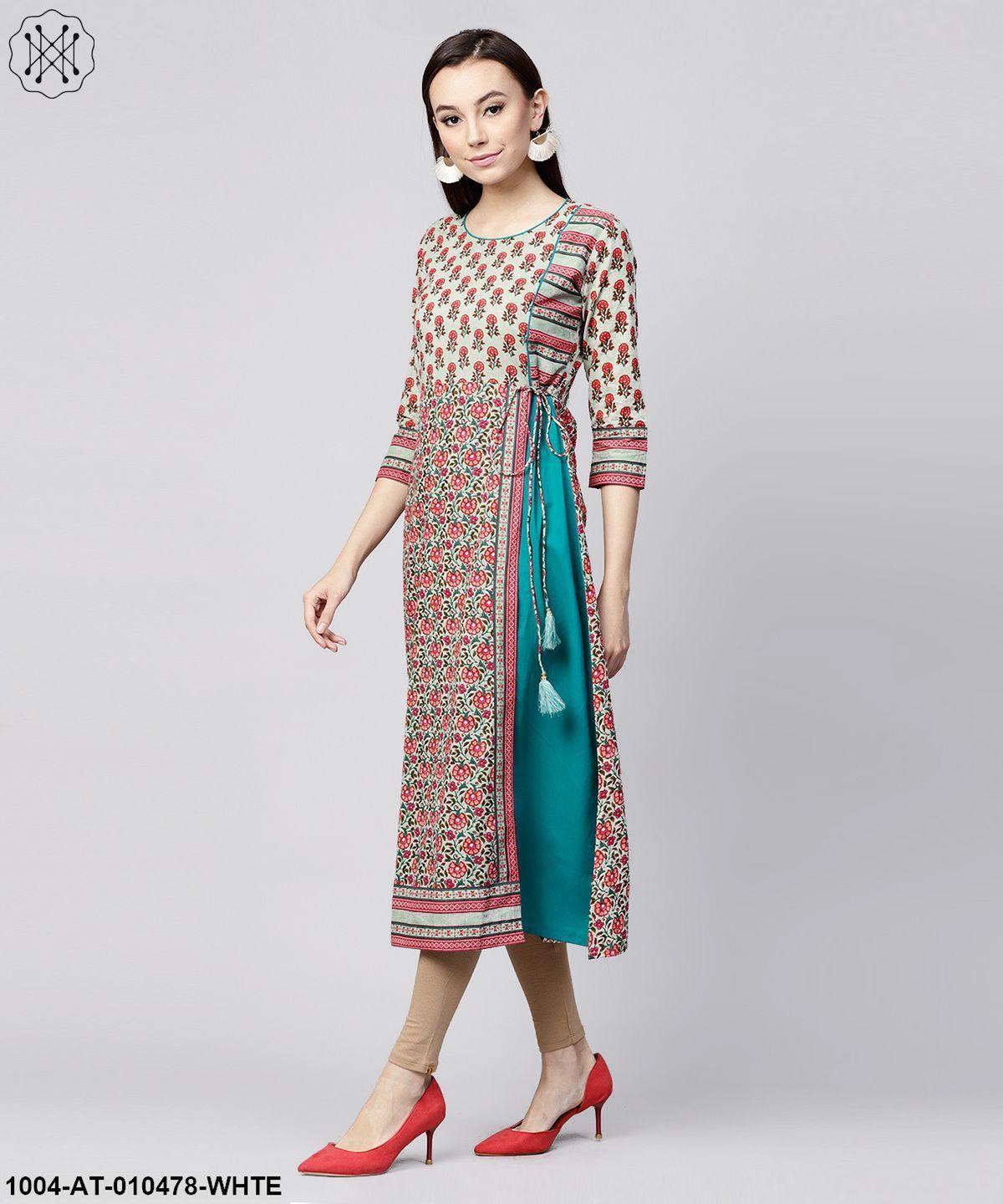 White Printed 3/4Th Sleeve Cotton Anarkali Kurta With Side Latkan