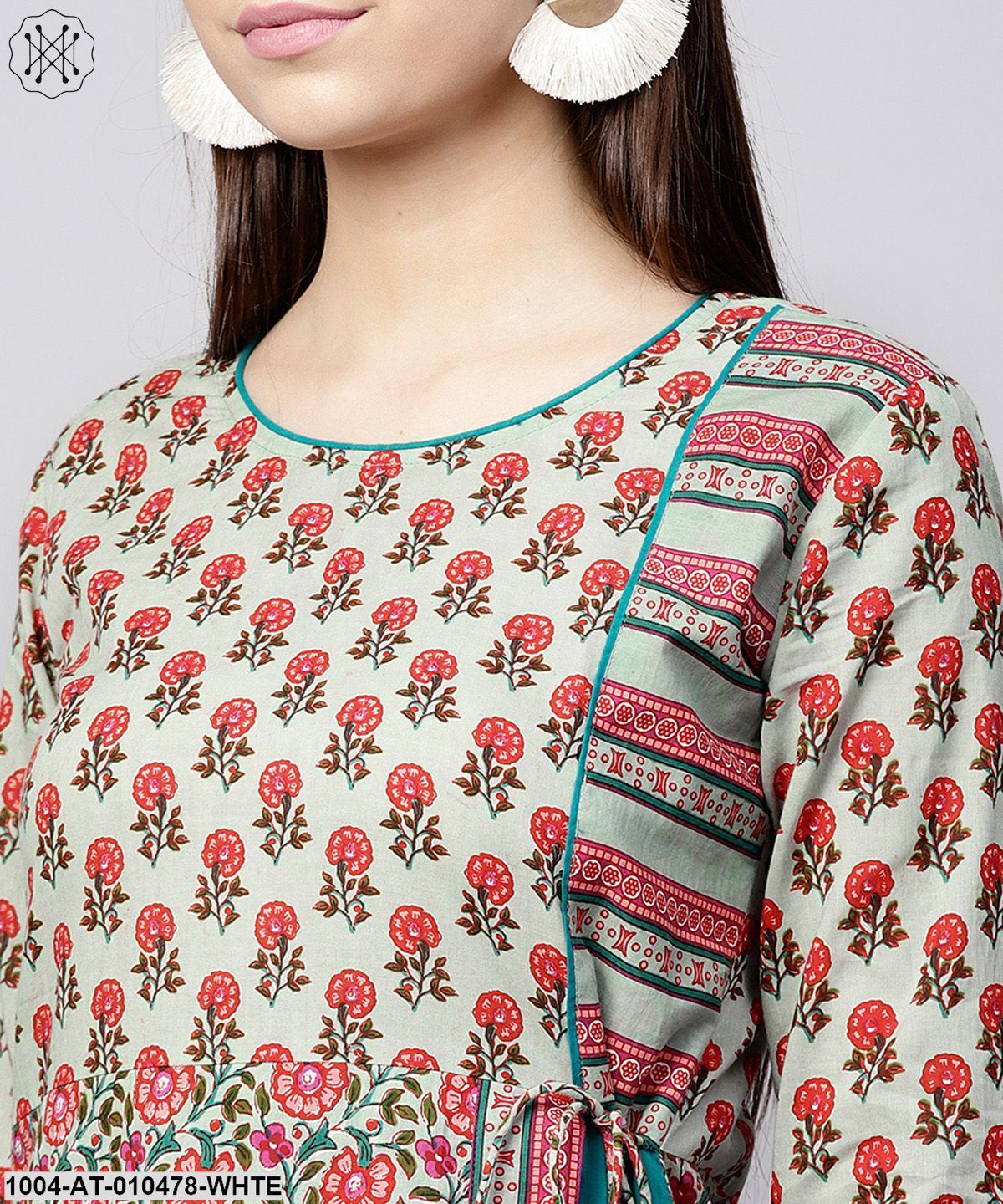 White Printed 3/4Th Sleeve Cotton Anarkali Kurta With Side Latkan