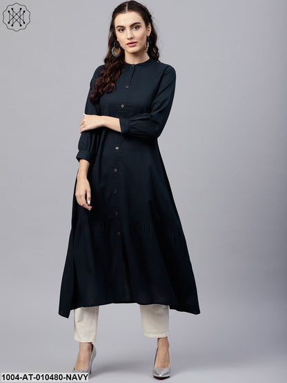 Navy Blue Round Neck A-Line Kurta With Front Placket And Cuffed Full Sleeves