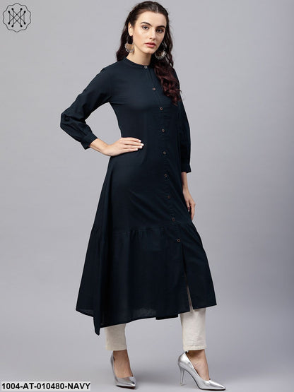 Navy Blue Round Neck A-Line Kurta With Front Placket And Cuffed Full Sleeves
