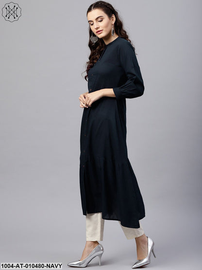 Navy Blue Round Neck A-Line Kurta With Front Placket And Cuffed Full Sleeves