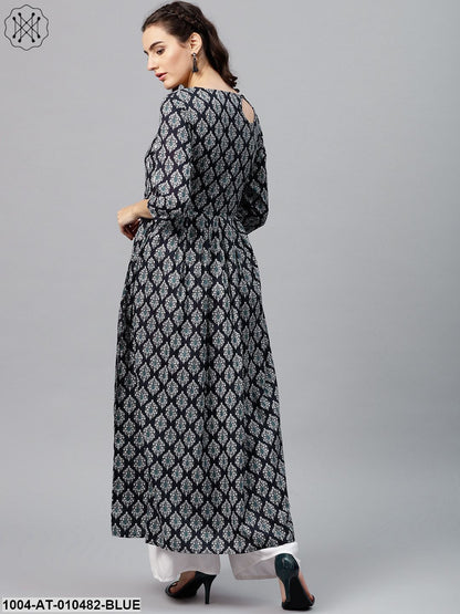 Round Neck Black & White Printed Maxi Dress With 3/4 Sleeves And Emblished With Tassels
