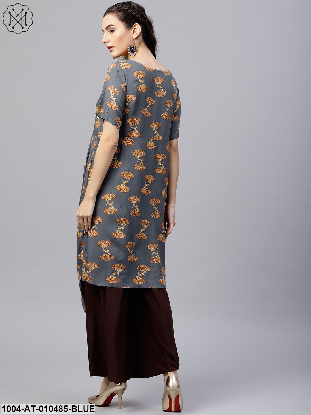 Blue Printed A-Line Kurta With Round Neck And Half Sleeves