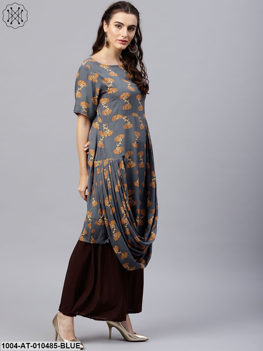 Blue Printed A-Line Kurta With Round Neck And Half Sleeves