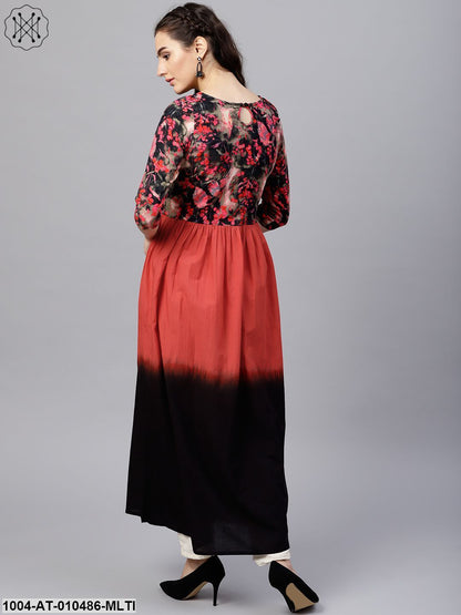 Multi Colored Maxi Kurta With Round Neck And 3/4 Sleeves