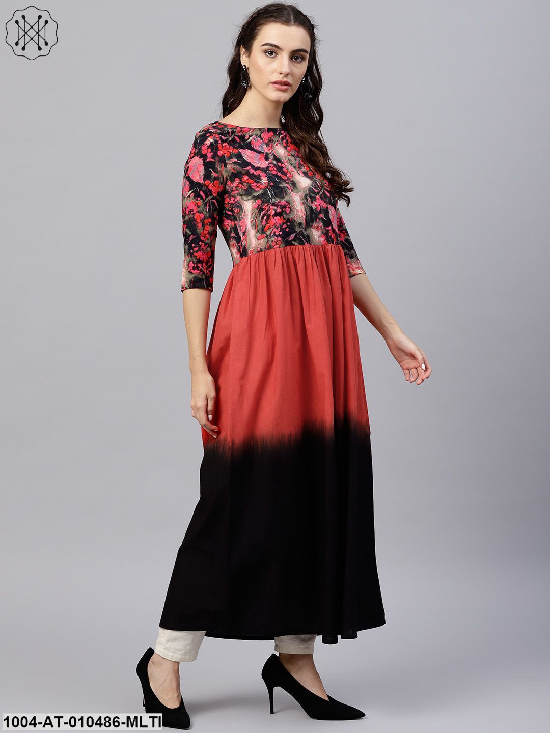 Multi Colored Maxi Kurta With Round Neck And 3/4 Sleeves