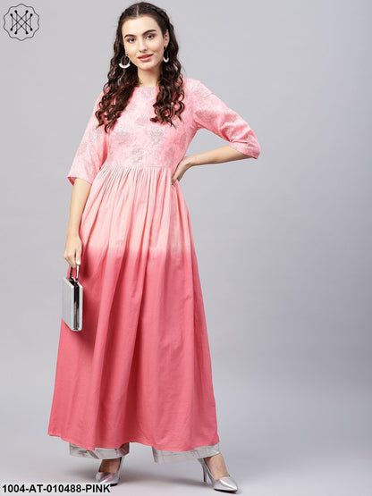 Pink Ombre Maxi Kurta With Round NeckAnd 3/4 Sleeves