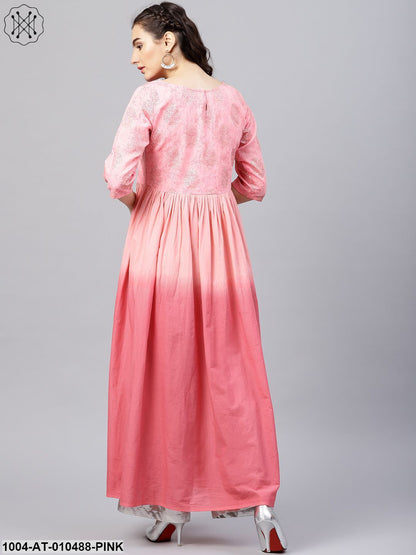 Pink Ombre Maxi Kurta With Round NeckAnd 3/4 Sleeves