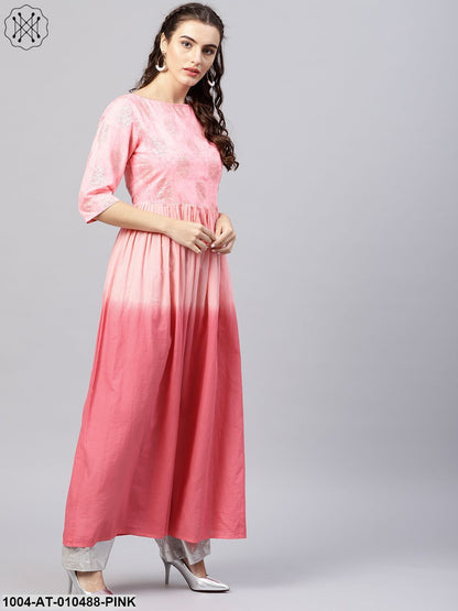 Pink Ombre Maxi Kurta With Round NeckAnd 3/4 Sleeves