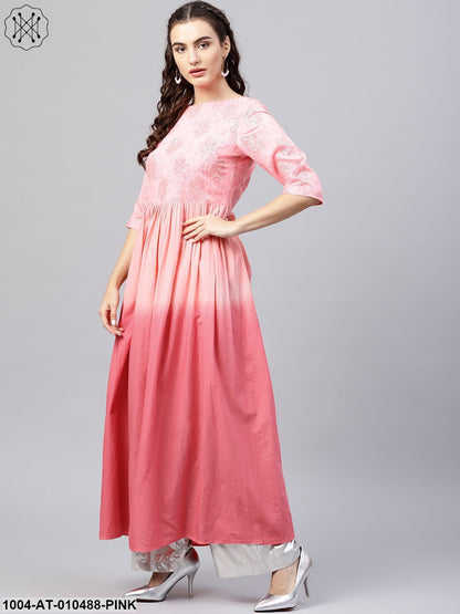 Pink Ombre Maxi Kurta With Round NeckAnd 3/4 Sleeves