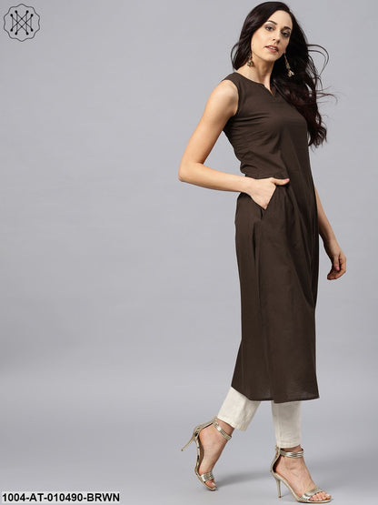 Dark Brown Round Neck With V-Slit Kurta