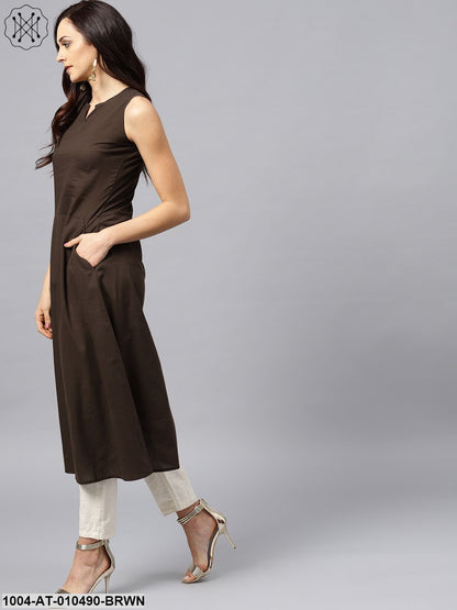 Dark Brown Round Neck With V-Slit Kurta
