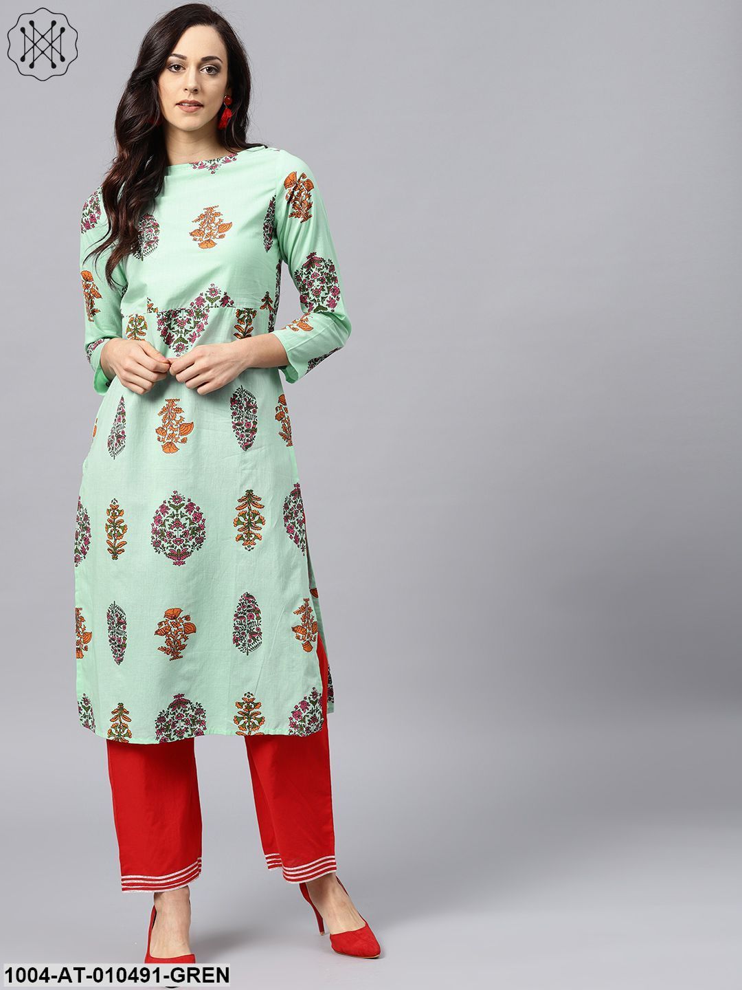 Green Printed Kurta With Boat Neck And Full Sleeves