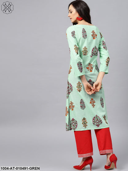 Green Printed Kurta With Boat Neck And Full Sleeves
