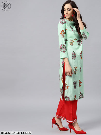 Green Printed Kurta With Boat Neck And Full Sleeves